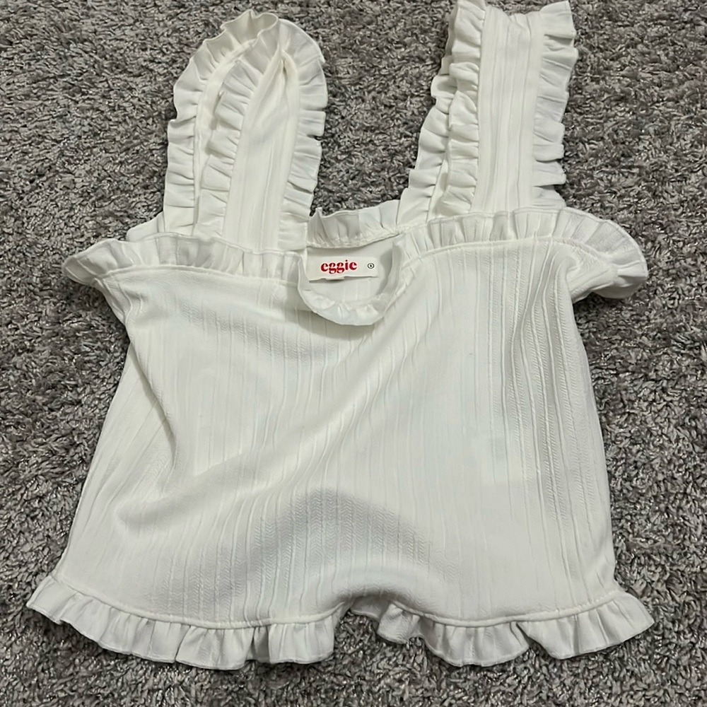 Eggie (Jenn Im) White Tank Frilly Tank Top